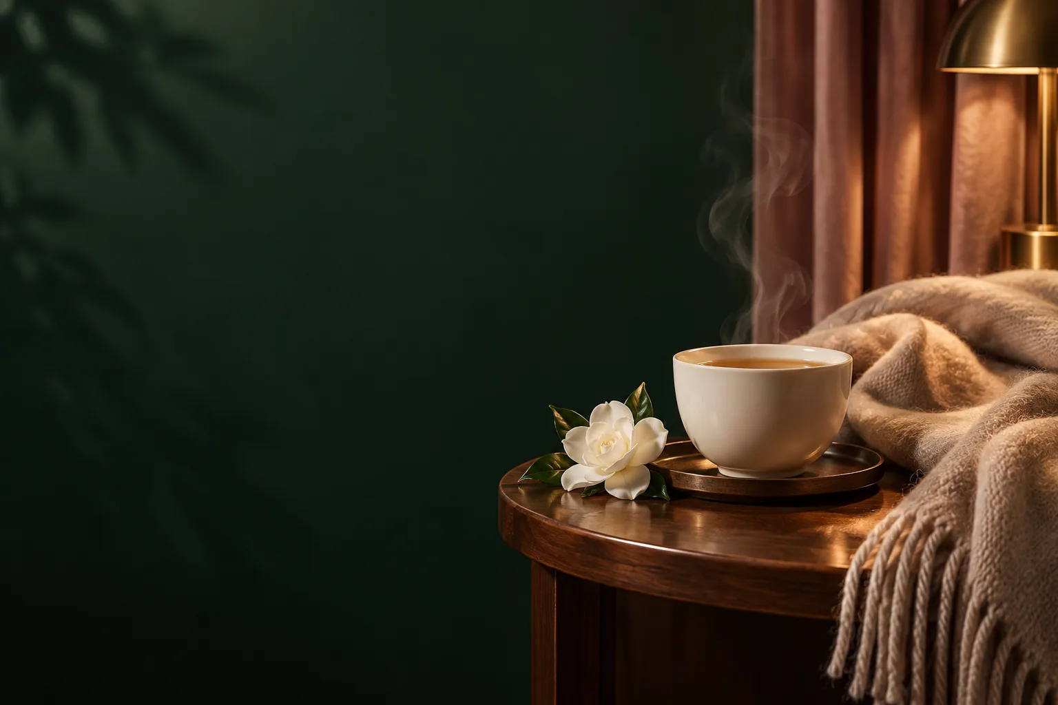 夜のくつろぎを表現した、お茶と柔らかなリネンの生成イメージ
