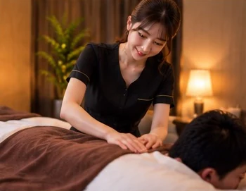 女性セラピストがタオル越しに背中へ施術する生成イメージ