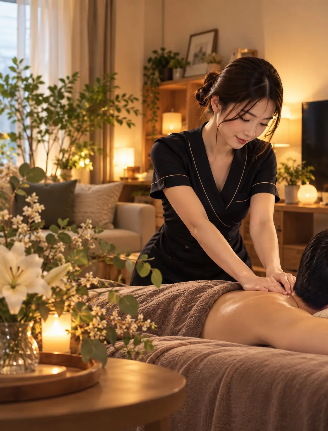 間接照明のお部屋で、女性セラピストがお客様の背中にオイルマッサージをする生成イメージ