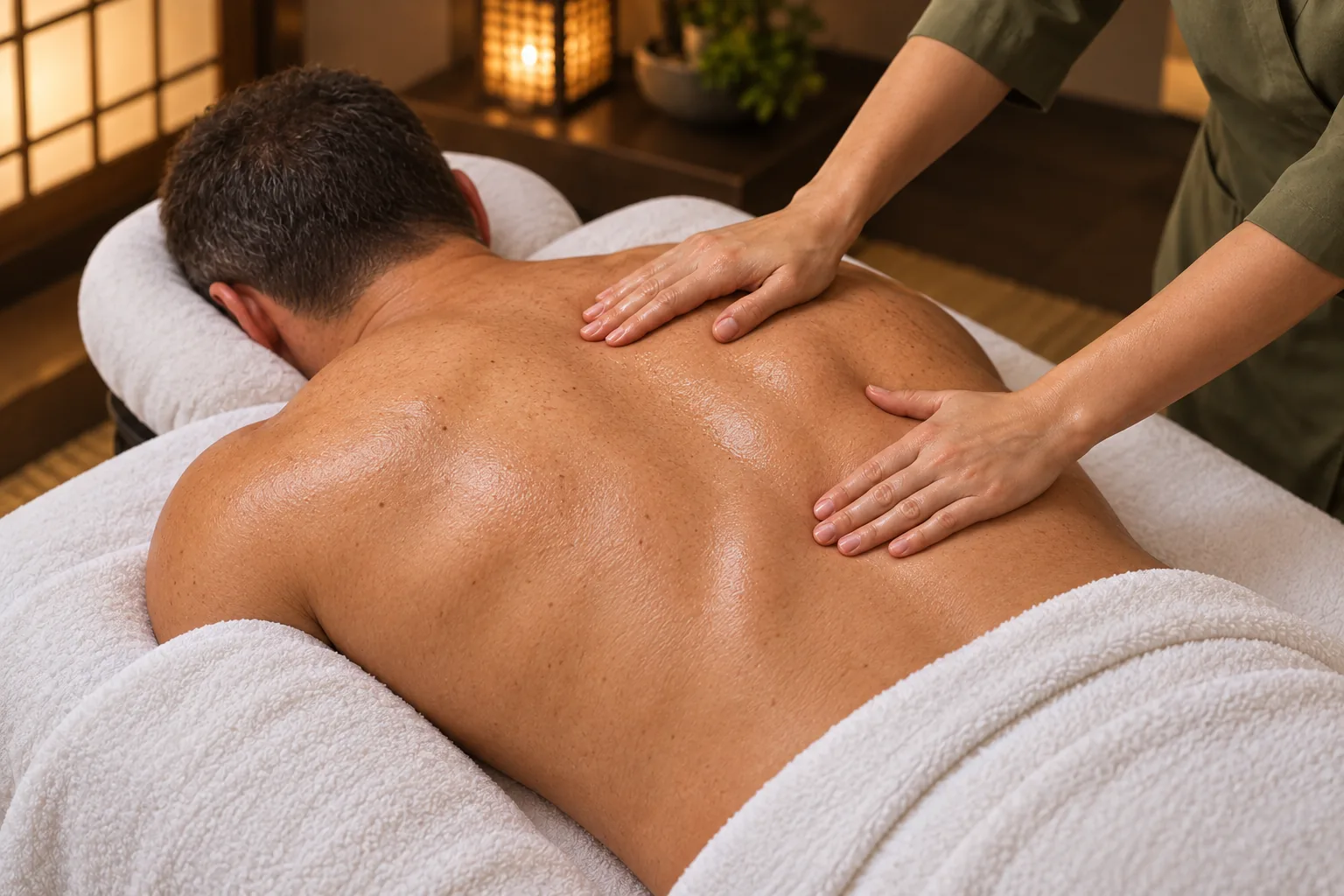 男性のお客様が横になり、女性セラピストから肩と背中にオイル施術を受ける生成イメージ。後頭部は見えますが、顔とお客様の手は隠れています。